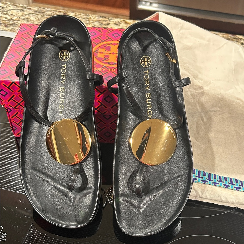 Tory Burch Black Sandals with Gold Accents
